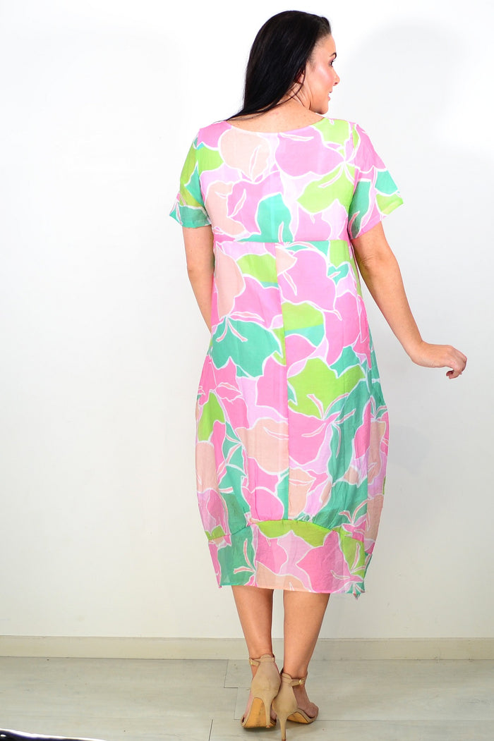 Pink Lime short sleeve tunic dress by Cali&Co, shown with a relaxed fit and casual style, perfect for warm weather.