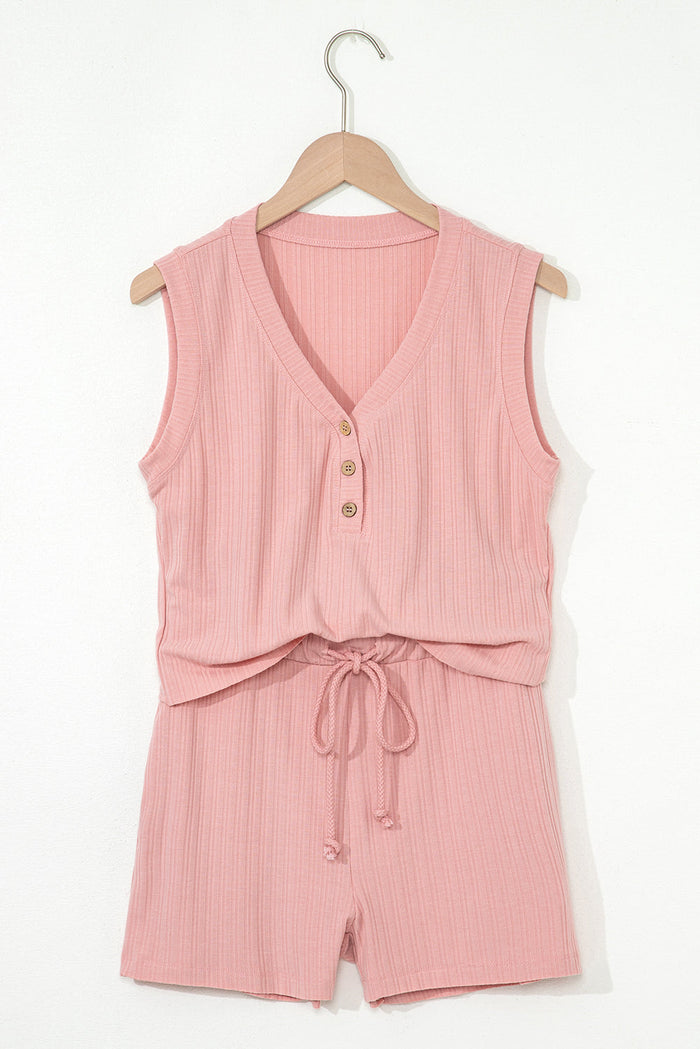 Pink Ribbed Button V Neck Tank Top and Shorts Co-ord Set - Two Piece Sets/Short Sets