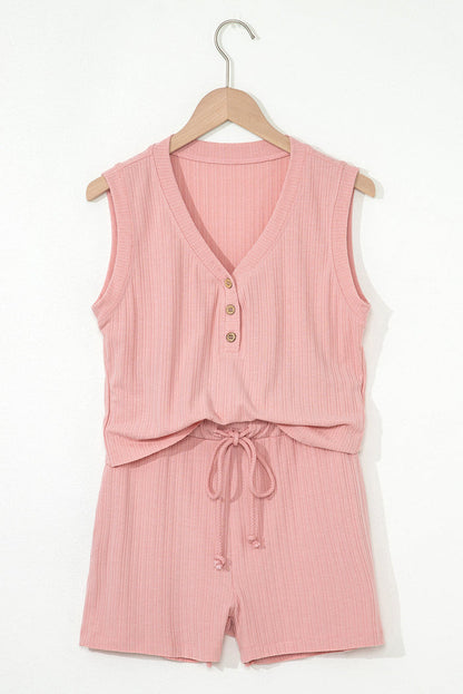 Pink Ribbed Button V Neck Tank Top and Shorts Co-ord Set - Two Piece Sets/Short Sets