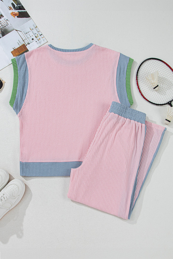 Pink Ribbed Colourblock Patchwork Short Sleeve Top and Loose Trousers Set - Two Piece Sets/Pant Sets