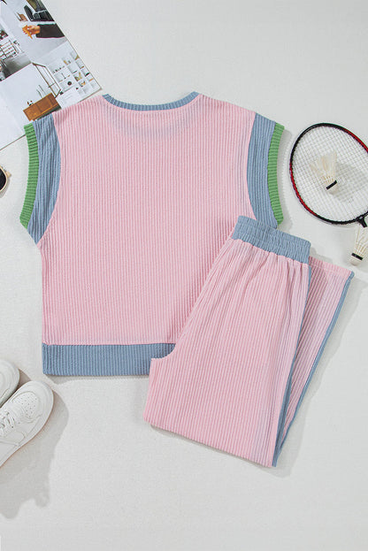 Pink Ribbed Colourblock Patchwork Short Sleeve Top and Loose Trousers Set - Two Piece Sets/Pant Sets