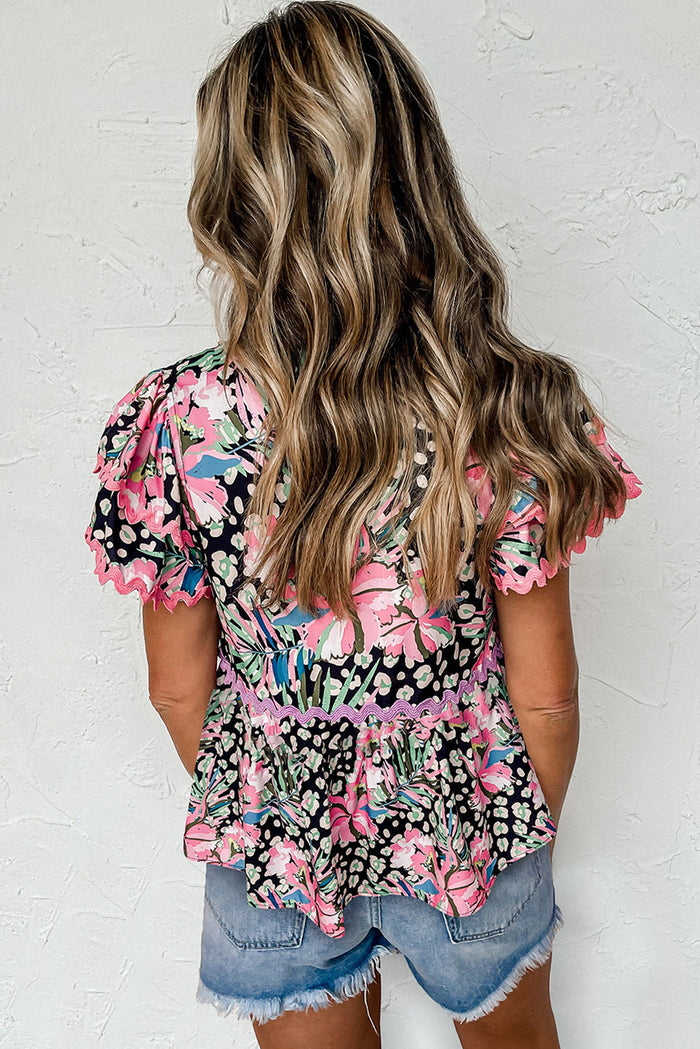 Pink Ricrac Floral Tiered Short Sleeve Blouse - Tops/Blouses & Shirts