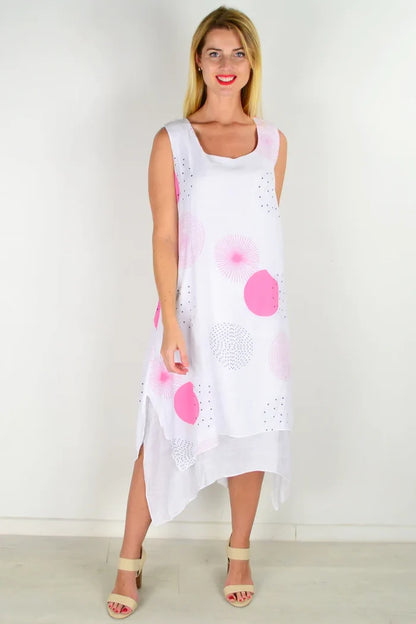 Pink spot sleeveless tunic dress by La Mode, featuring a relaxed fit and stylish design, displayed on a white background.