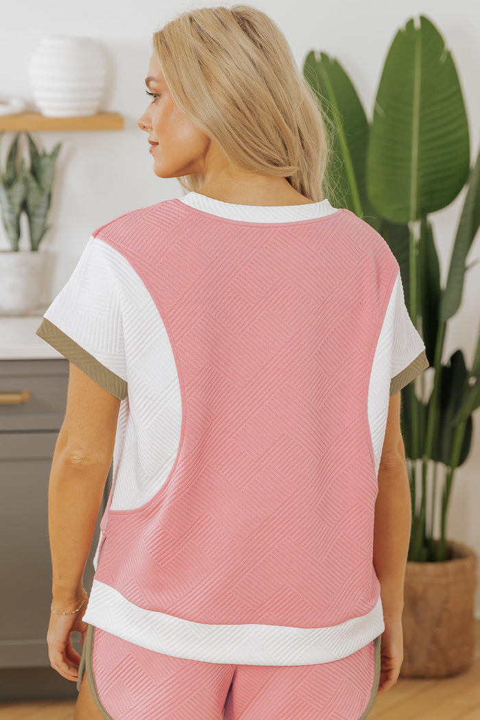 Pink Textured Colourblock Patchwork Tee Two Piece Shorts Set - Sets/Short Sets