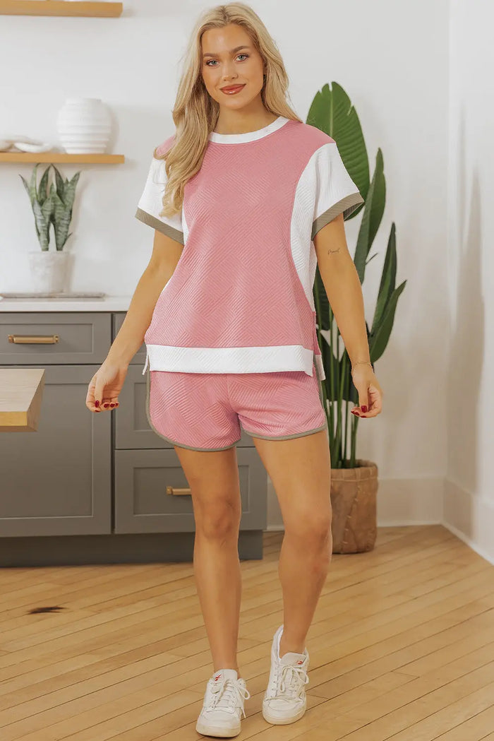 Pink Textured Colourblock Patchwork Tee Two Piece Shorts Set - Sets/Short Sets