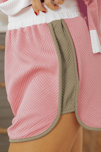 Pink Textured Colourblock Patchwork Tee Two Piece Shorts Set - Sets/Short Sets