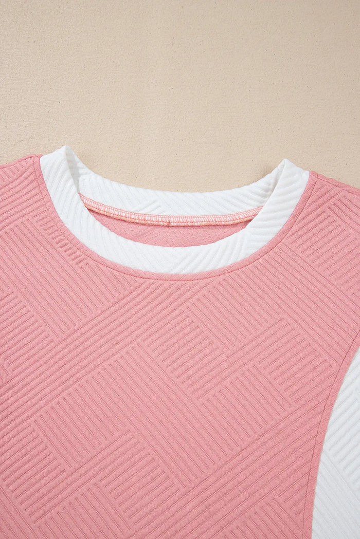 Pink Textured Colourblock Patchwork Tee Two Piece Shorts Set - Sets/Short Sets