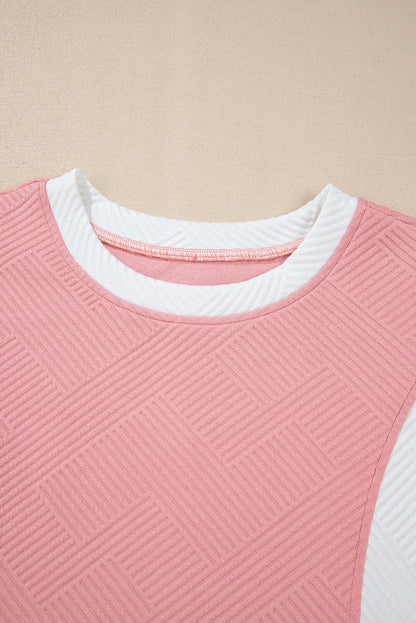 Pink Textured Colourblock Patchwork Tee Two Piece Shorts Set - Sets/Short Sets
