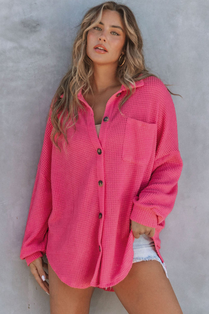 Pink Waffle Knit Button Up Casual Shirt - Tops/Blouses & Shirts
