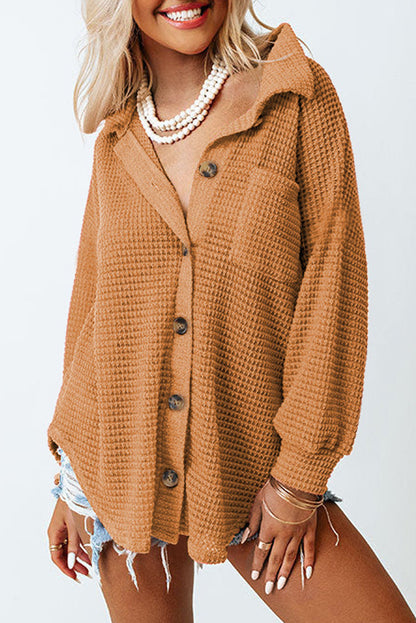 Pink Waffle Knit Button Up Casual Shirt - BROWN / S / 95% POLYESTER + 5% ELASTANE - Tops/Blouses & Shirts