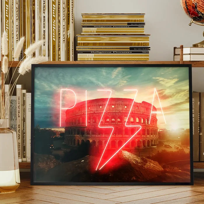 Framed print of the Roman Colosseum at sunset overlaid with a glowing red neon PIZZA sign in a black frame.
