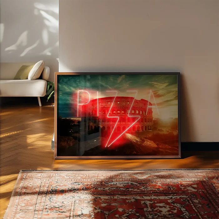 Framed wall art print featuring a glowing red neon PIZZA sign overlaid on a scenic sunset view of the Roman Colosseum.