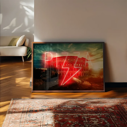 Framed wall art print featuring a glowing red neon PIZZA sign overlaid on a scenic sunset view of the Roman Colosseum.