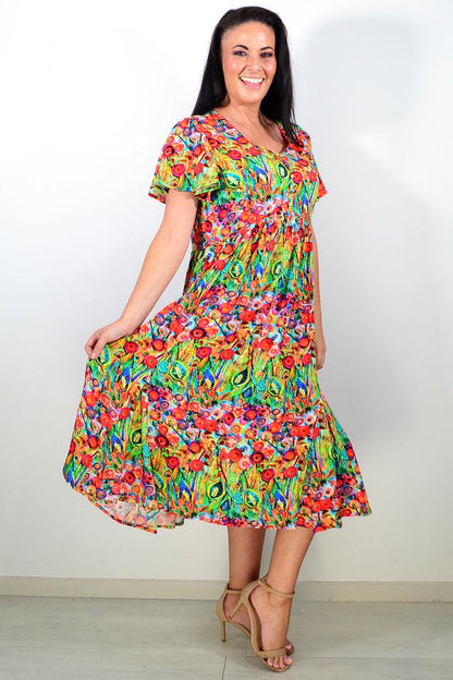 Hourglass Poppy Field Tunic Dress, flowy tunic with vibrant floral print, lightweight fabric, and relaxed fit.