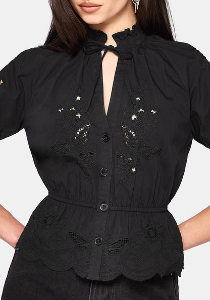 Posy Embroidered Tie Neck Blouse