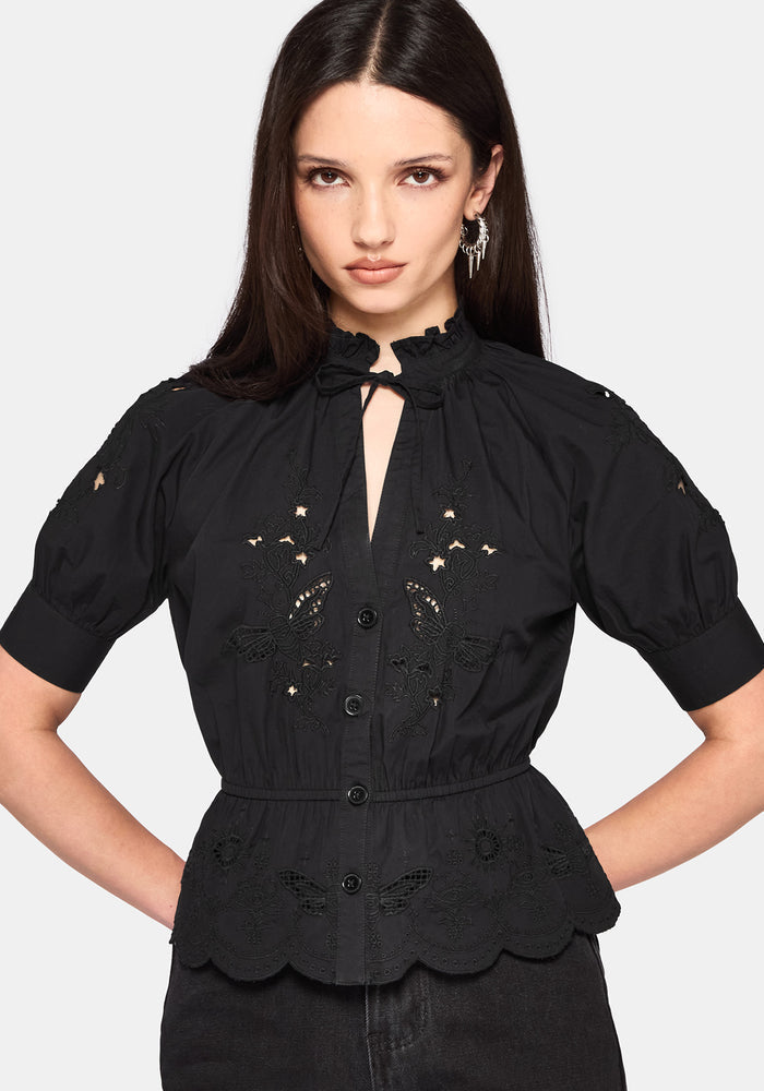 Posy Embroidered Tie Neck Blouse