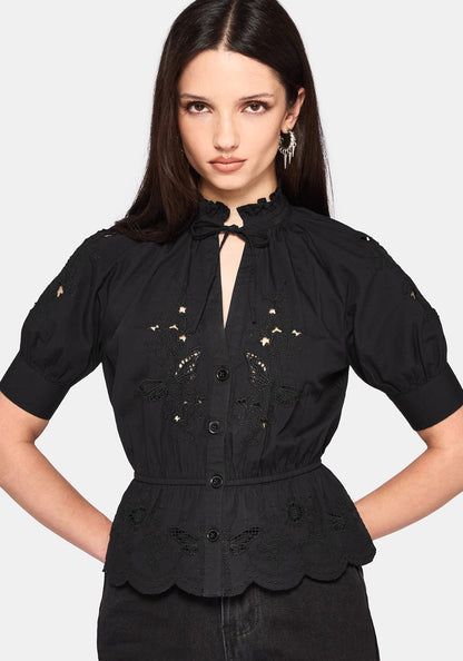 Posy Embroidered Tie Neck Blouse