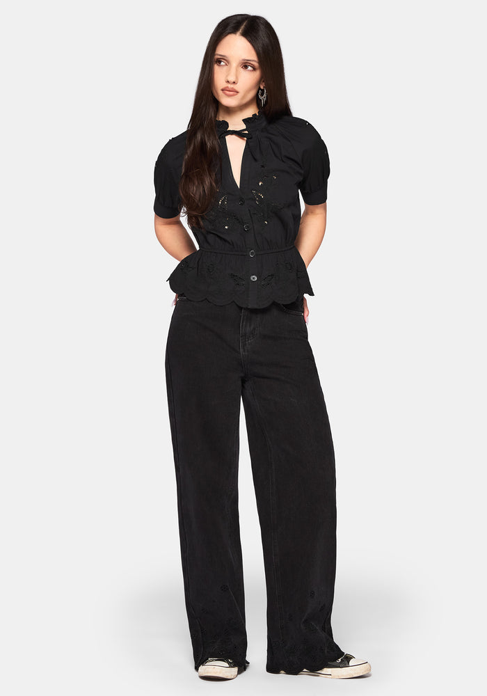 Posy Embroidered Tie Neck Blouse