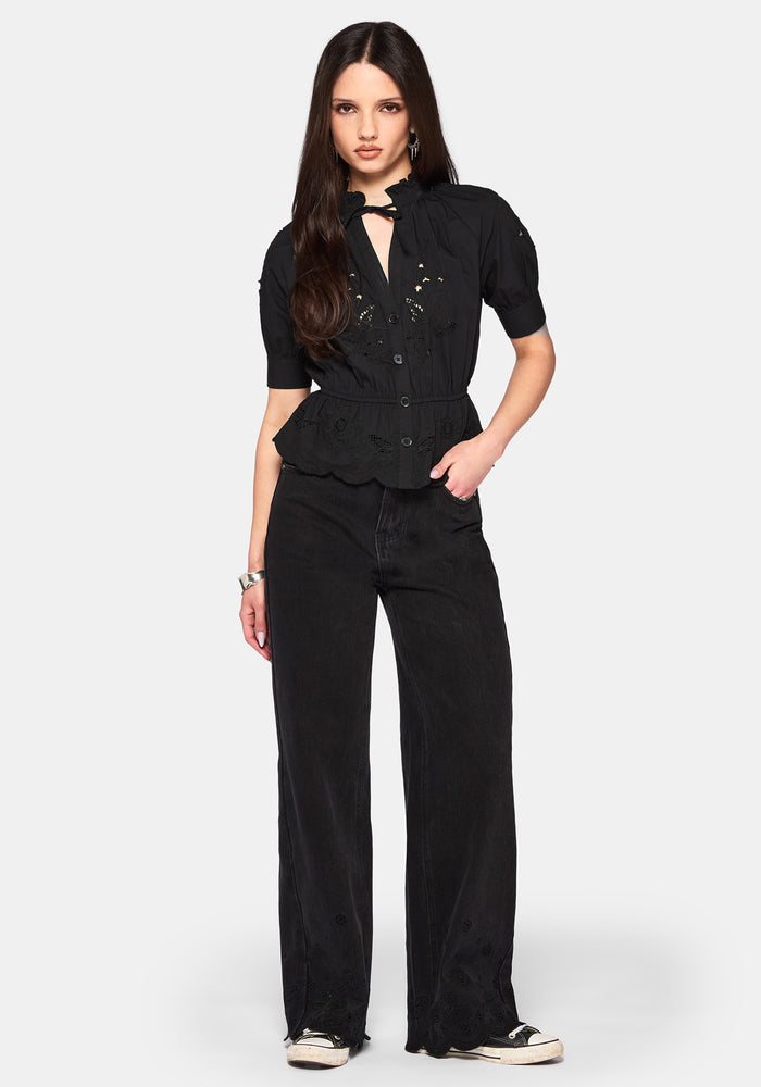 Posy Embroidered Tie Neck Blouse