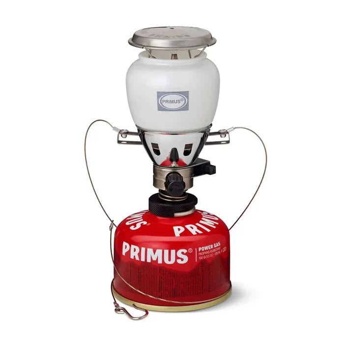 Primus Easy Light Gas Lantern with Duo valve sitting atop a Primus power gas canister on a white background