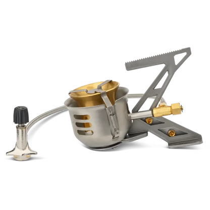 Primus Expedition Multifuel Stove with pot legs collapsed for packing on a white background