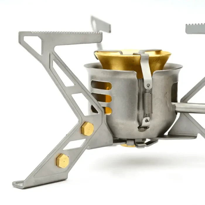 Primus Expedition Multifuel Stove burner body and pot leg close-up on a white background
