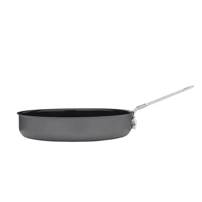 Side view of a small Primus Litech frying pan with the handle extended on a white background