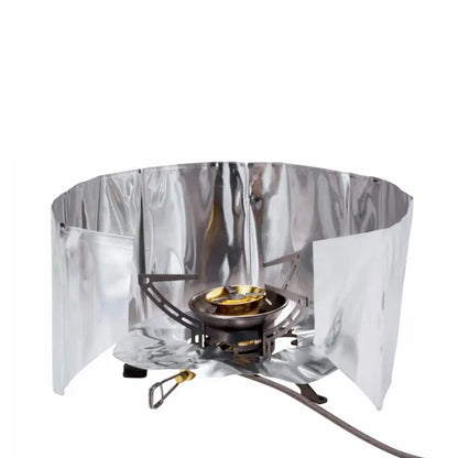 Primus windscreen and heat reflector installed around a portable backpacking gas stove on a white background