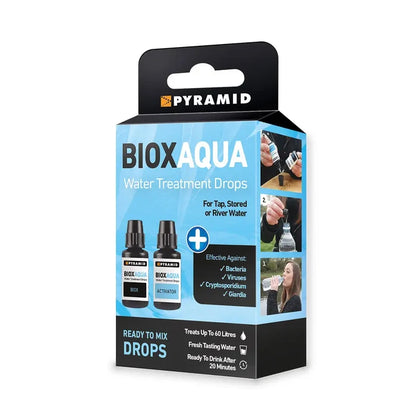 Pyramid Biox Aqua Chlorine Dioxide Water Purification Drops in their packaging on a white background