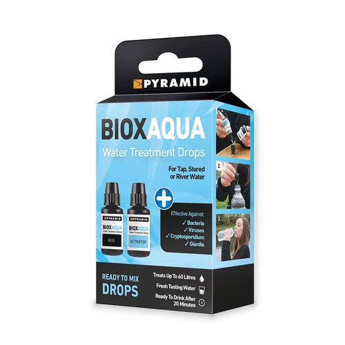 Pyramid Biox Aqua Chlorine Dioxide Water Purification Drops in their packaging on a white background