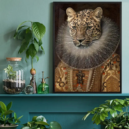 Queen Leopard Portrait Altered Art Print, quirky altered art print black framed on a living room shelf