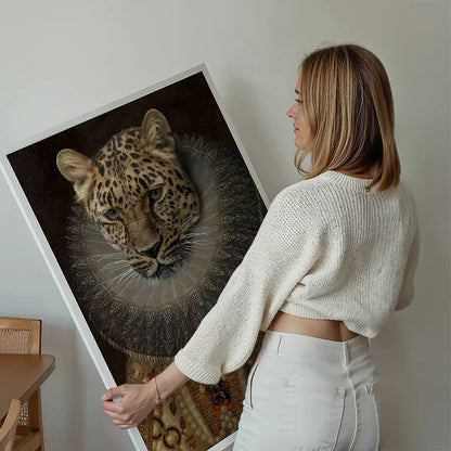 Queen Leopard Portrait Altered Art Print held up against a living room wall