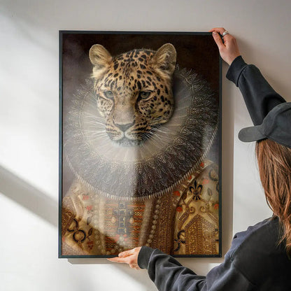 Queen Leopard Portrait Altered Art Print being hung on a wall in a black frame