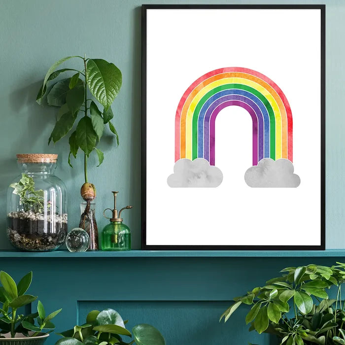 Rainbow Painting Print black framed on a living room shelf