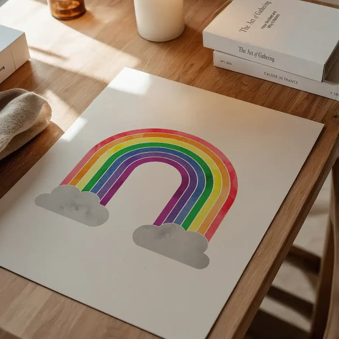 Rainbow Painting Print unframed on a home office desk