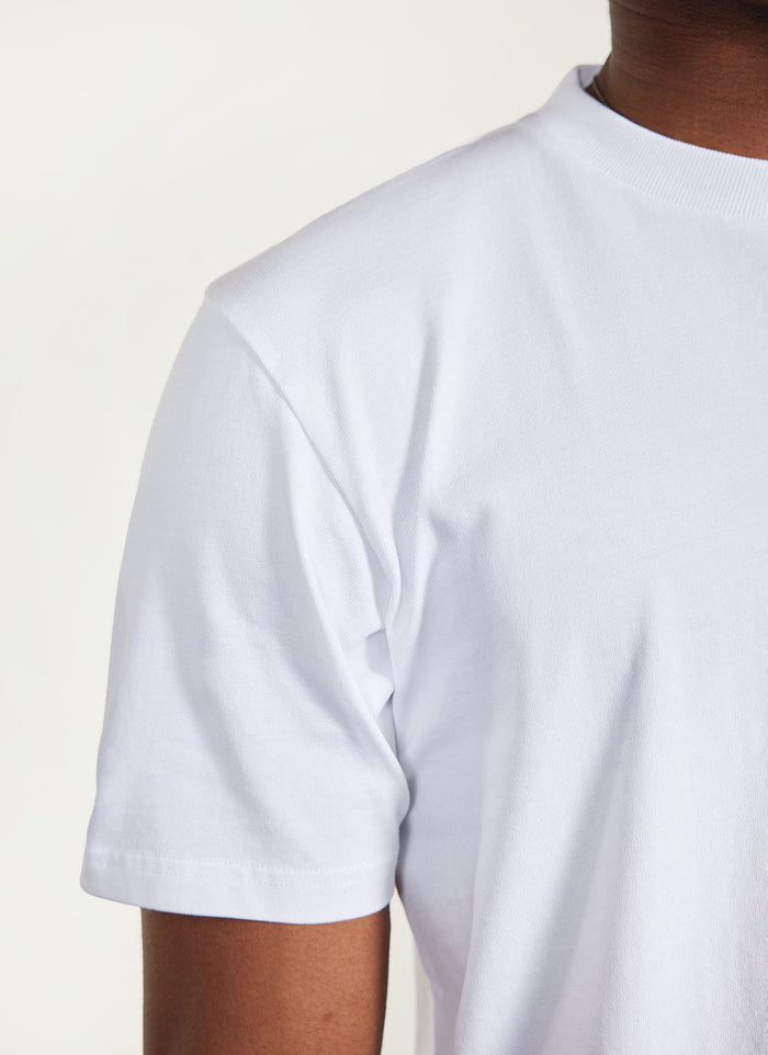 Close-up of the white organic cotton Ramen T-shirt by Percival, showing the shoulder and sleeve detail.