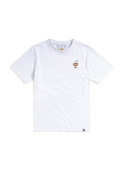 Percival white organic cotton Ramen T-shirt with chest embroidery, laid flat.