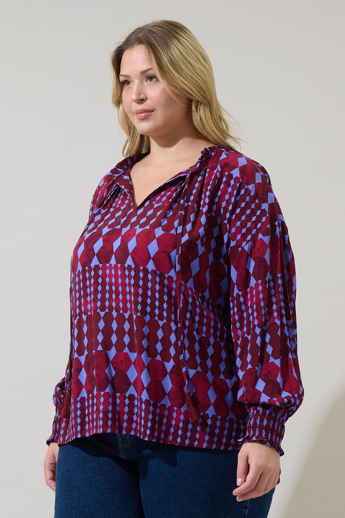 Ramsay Abstract Weylin Split Neck Tassel Blouse Curve