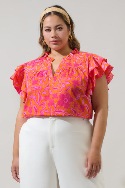Rea Floral Emery Split Neck Top Curve