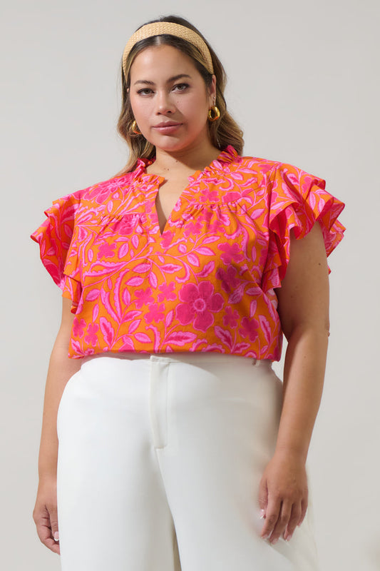 Rea Floral Emery Split Neck Top Curve