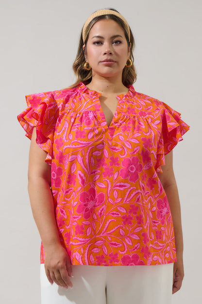 Rea Floral Emery Split Neck Top Curve
