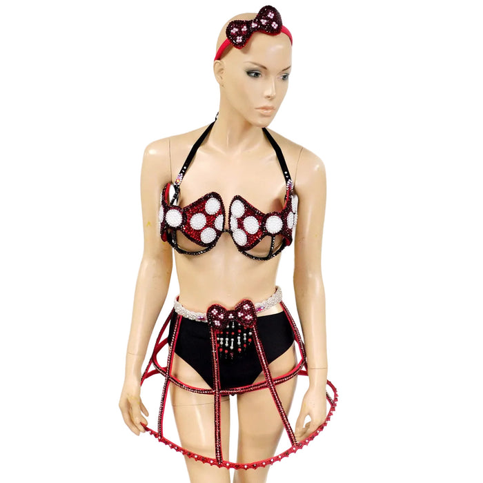 Red White and Black Polkadot  Bow Carnival Top and Skirt Halloween  Show Girl
