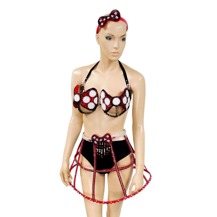 Red White and Black Polkadot  Bow Carnival Top and Skirt Halloween  Show Girl