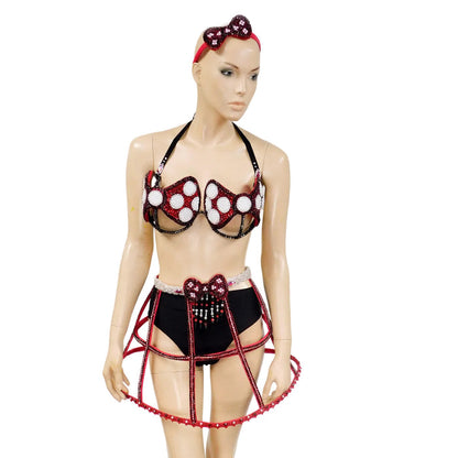 Red White and Black Polkadot  Bow Carnival Top and Skirt Halloween  Show Girl