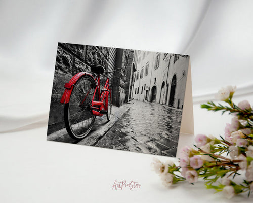 Retro Vintage Red Bike on Cobblestone Street Landscape Custom Greeting Cards