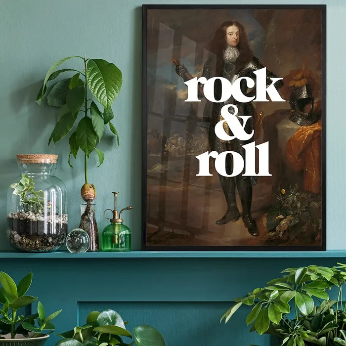 Rock And Roll Altered Art Print, quirky altered art print black framed on a living room shelf