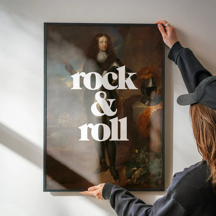 Rock And Roll Altered Art Print being hung on a wall in a black frame