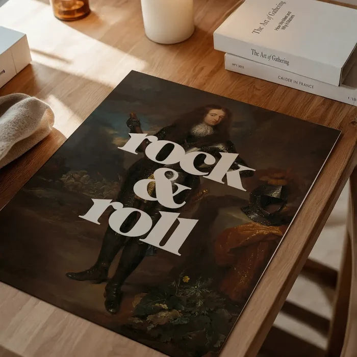 Rock And Roll Altered Art Print, quirky altered art print unframed on a home office desk