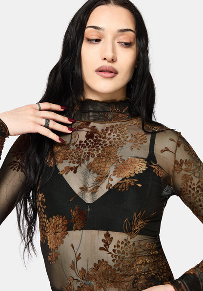 Rosaleigh Flock Velour Mesh Long Sleeve Top - Black