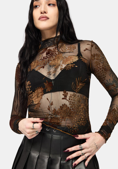 Rosaleigh Flock Velour Mesh Long Sleeve Top - Black
